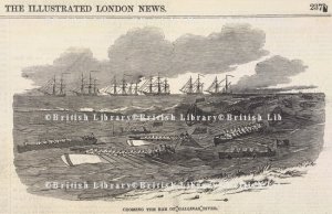 Crossing the bar of Gallinas River, near Sierra Leone and Liberia. During the 1820s and 1830s, slave ships stopped at the mouth of the Gallinas River, to collect slaves. Image taken from The illustrated London News. Originally published/produced in London, 1849. British Library Images Online, Shelfmark P.P.7611.237, filename 080997